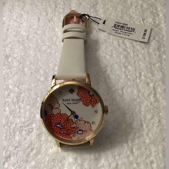 kate spade White Leather Strap Watch with Red & Pink Floral Dial